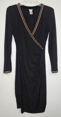 Caché Womens Black V-Neckline Long Sleeves w Gold-Tone Studs Sheath Dress-Size M